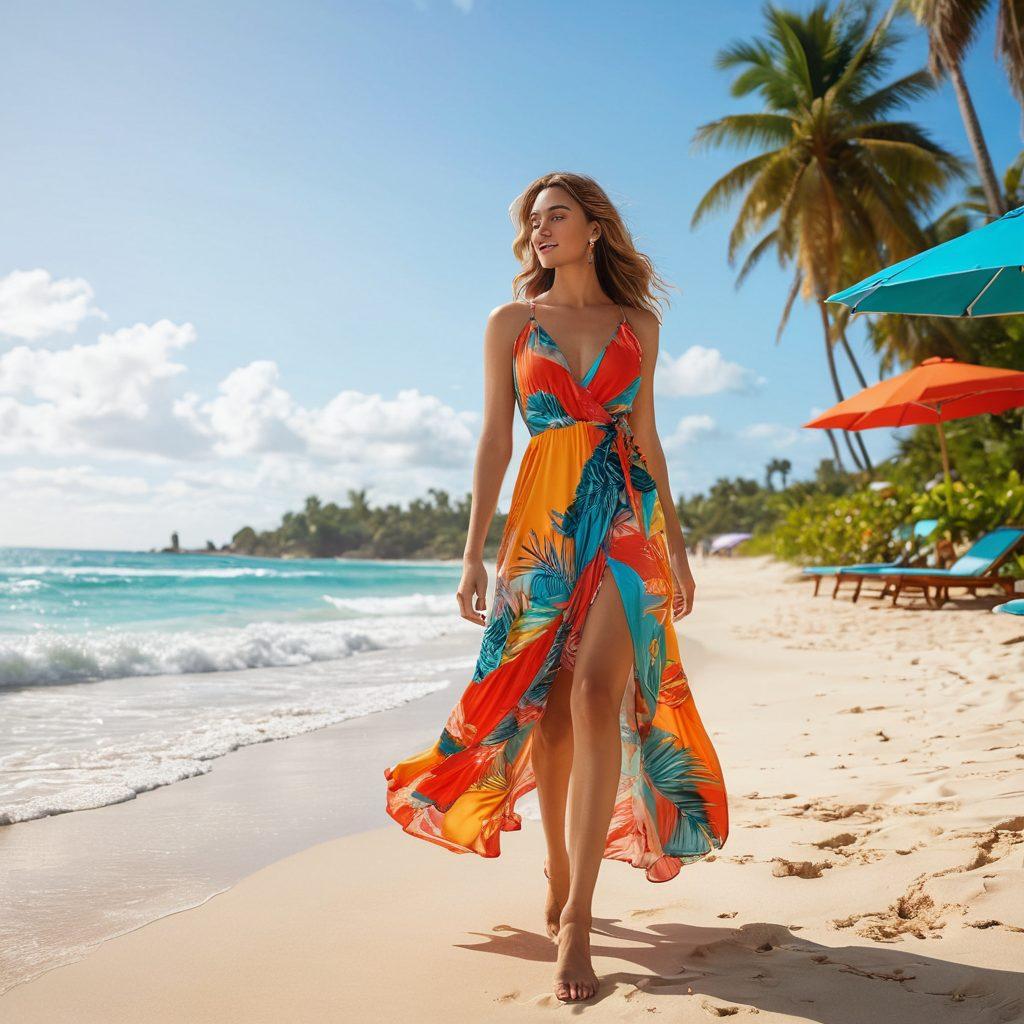 A stylish summer beach scene featuring vibrant resort wear on diverse models, showcasing flowing dresses, chic swimwear, and trendy accessories. The background includes a serene ocean view with palm trees swaying in a gentle breeze and colorful beach umbrellas. The emphasis is on the playful and luxurious vibe of coastal fashion, inviting viewers to imagine a glamorous seaside getaway. bright colors. tropical theme. super-realistic.