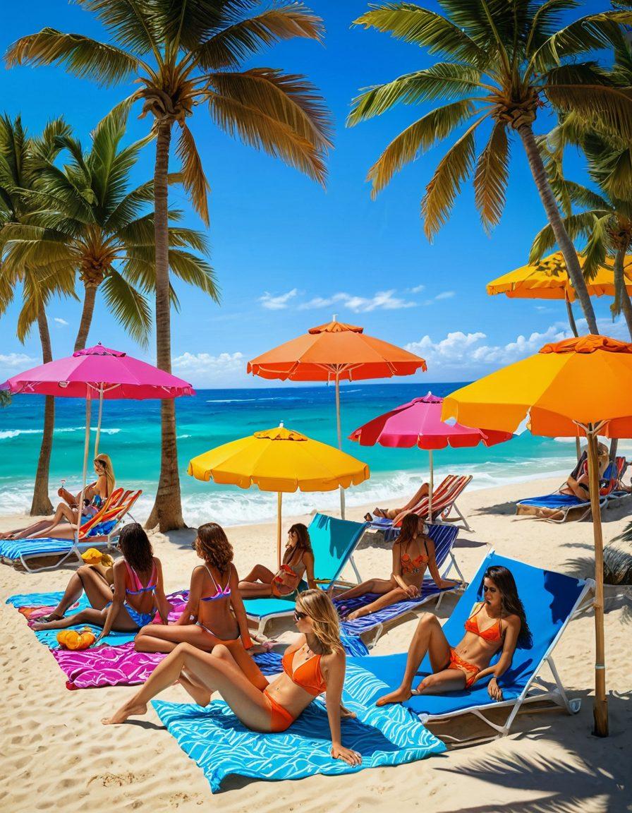 A stylish beach scene showcasing diverse women in various trendy bikinis of 2023 lounging under a bright sun. Include palm trees, colorful beach umbrellas, and vibrant ocean waves in the background, creating a fun and lively summer atmosphere. Emphasize bold patterns and colors of the bikinis to capture the latest trends. super-realistic. vibrant colors. 3D.