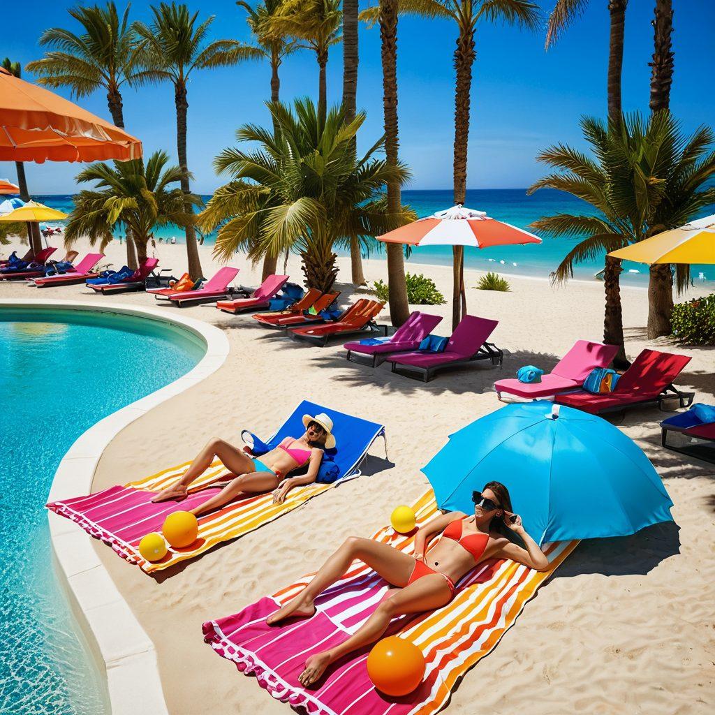 A vibrant summer scene showcasing a diverse range of stylish two-piece swimwear on sandy beaches and luxurious poolside lounges. Include sunbathers relaxing on colorful towels, palm trees swaying in the background, and a refreshing pool with floating lounge chairs under a bright blue sky. Capture the essence of summer fashion with chic accessories and lively beach balls. super-realistic. vibrant colors. sunny atmosphere.